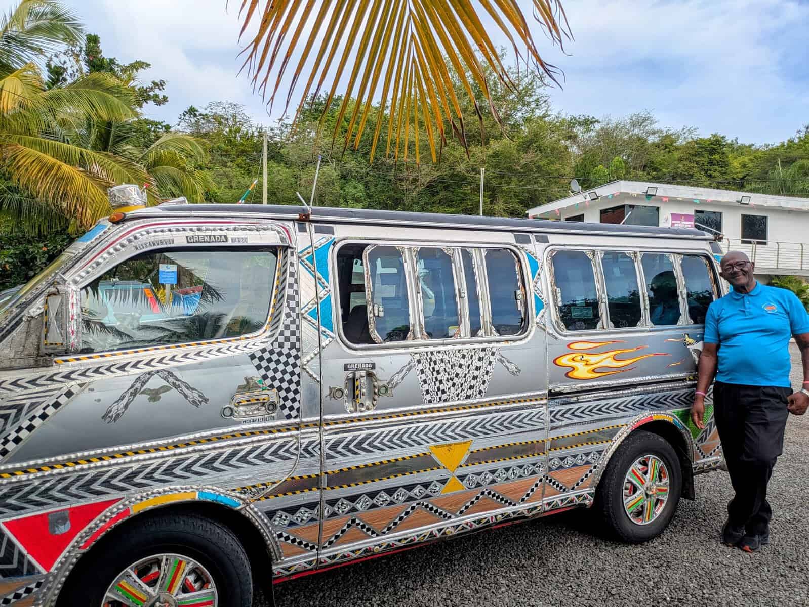 Colorfully decorated private taxi van and driver in Grenada