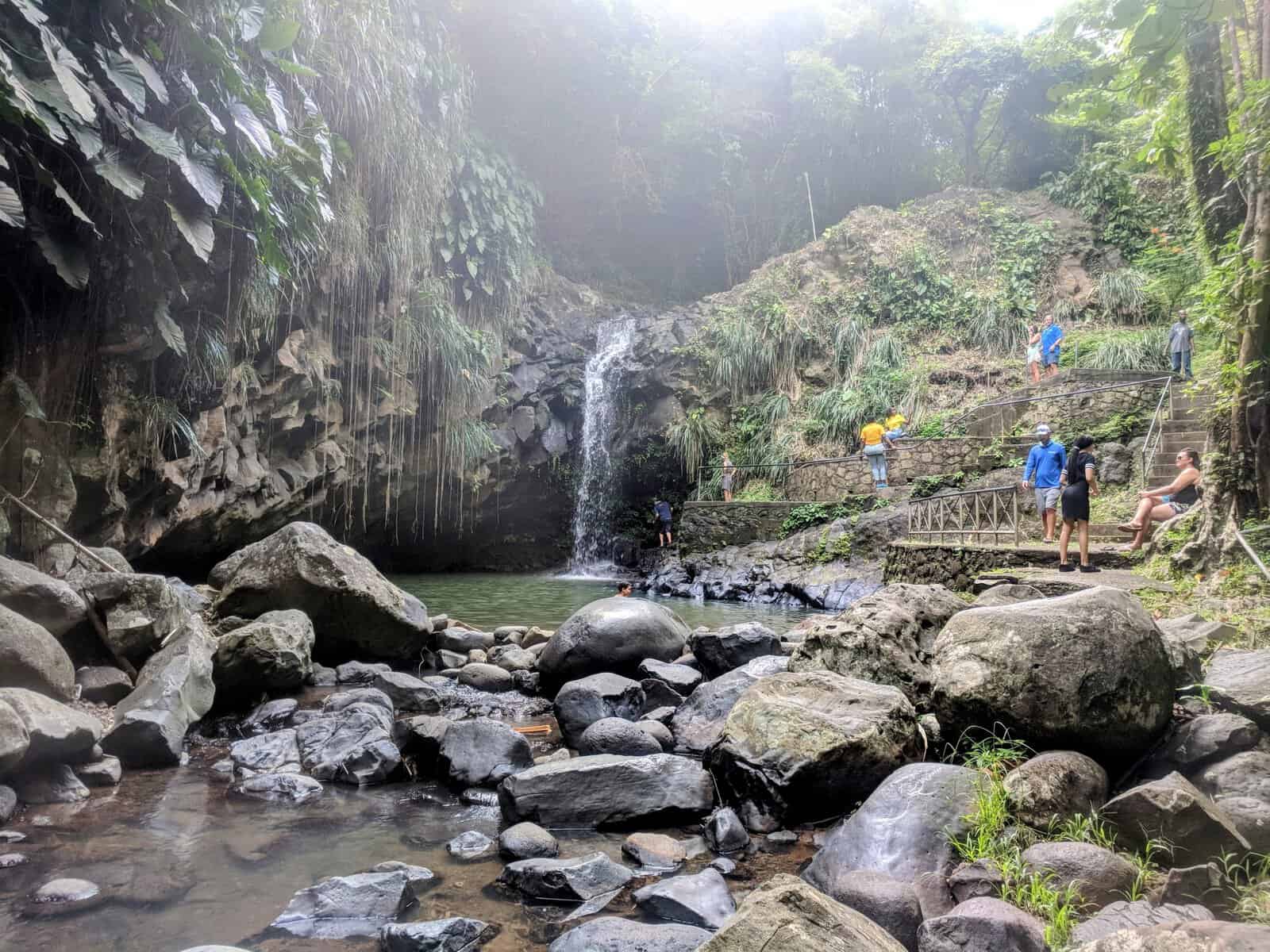 Annandale Falls and visitors on the viewing platform with lush rainforest surrounding the singular waterfall in Grenada
