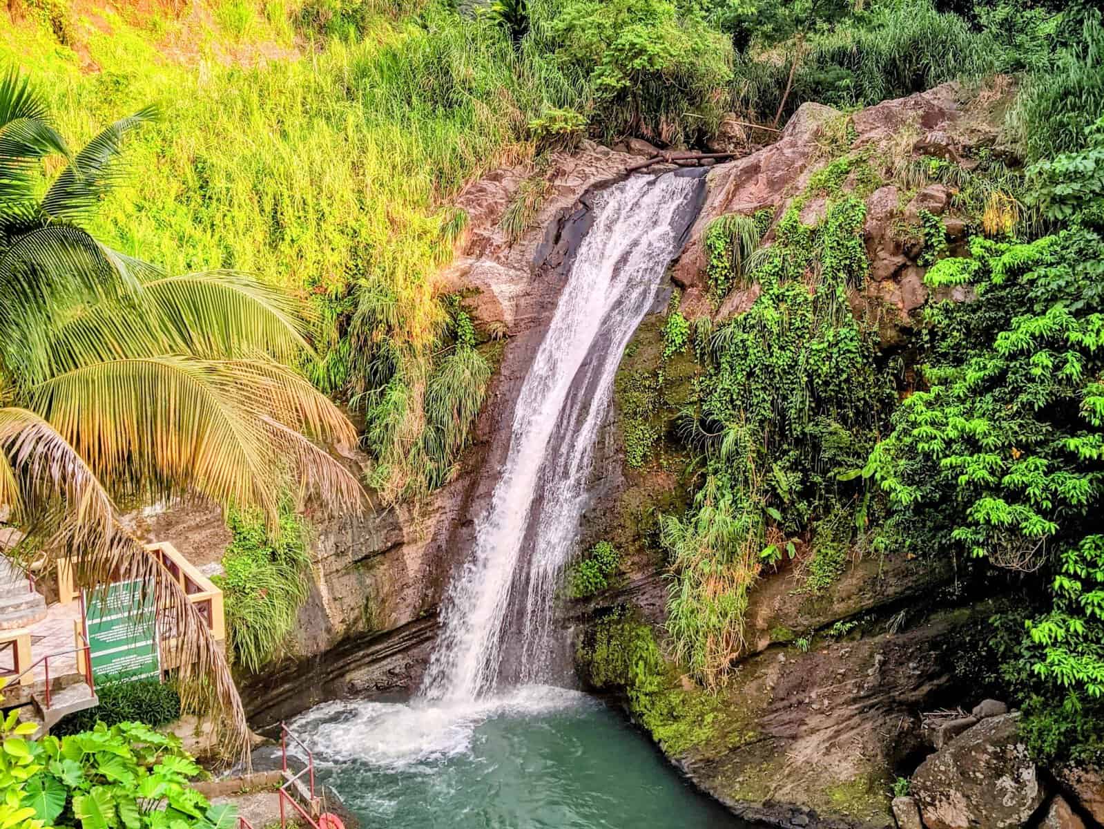 Concord Falls, a large waterfall and jumping platform surrounded by lush green rainforest in Grenada