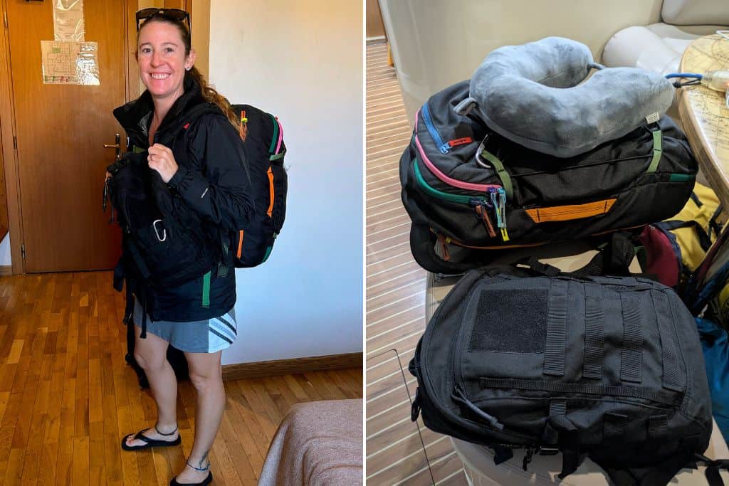 Dual photo of girl with backpack dressed in flipflops, skirt and light jacket, and 2 backpacks ready for a sailing trip