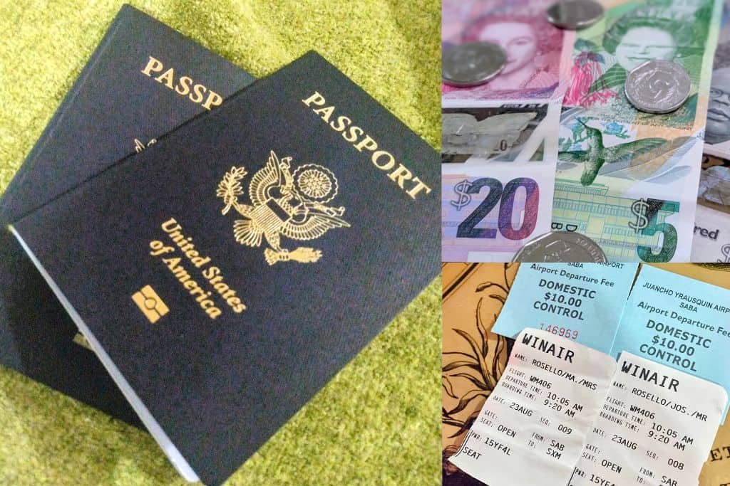 US Passport, flight tickets, and colorful Eastern Caribbean Dollars and coins