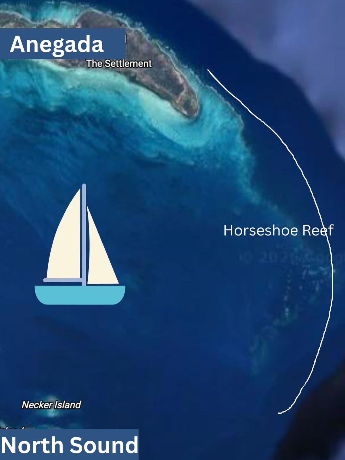 Google map satellite image showing Horseshoe Reef protecting the ocean passage between Anegada and North Sound, Virgin Gorda, BVI with a cartoon sailboat