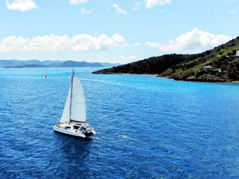Aerial view of yacht sailing in the British Virgin Islands