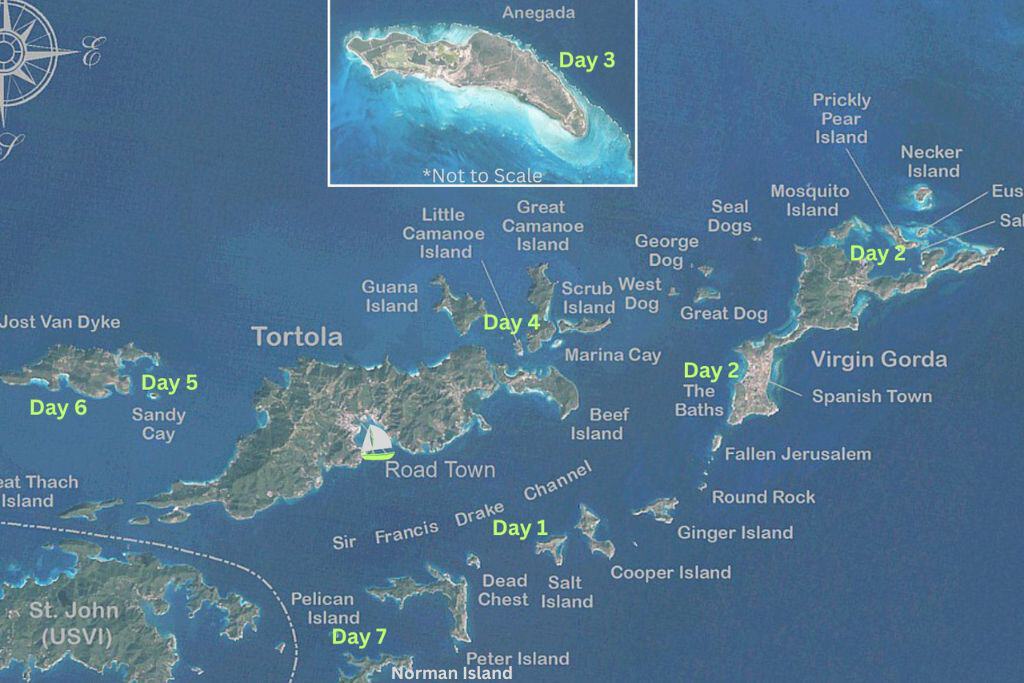 Each day shown of a 7 day itinerary on a map of the British Virgin Islands