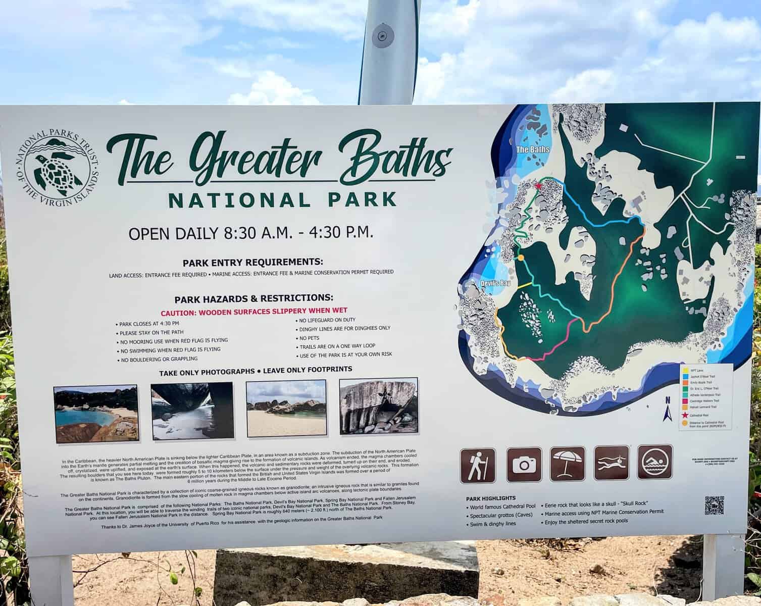 Information sign of The Greater Baths National Park in the British Virgin Islands