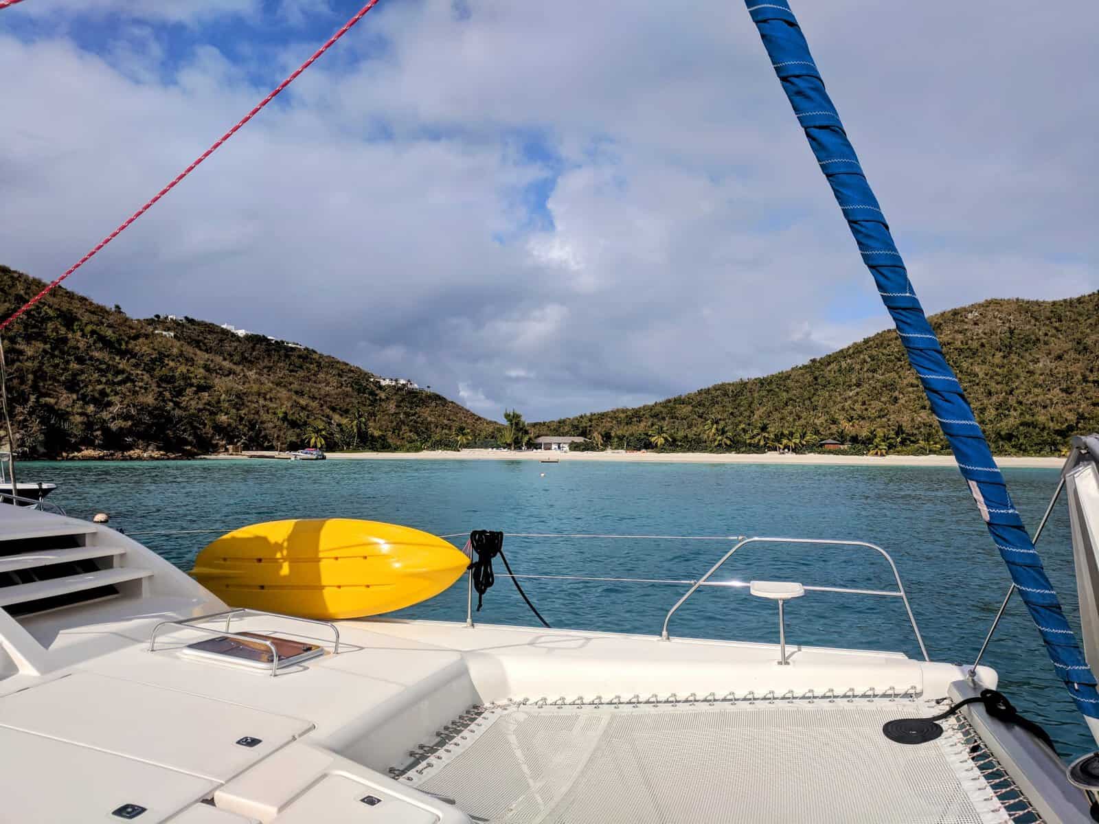 White Bay, Guana Island, British Virgin Islanda viewed from the deck of catamaran