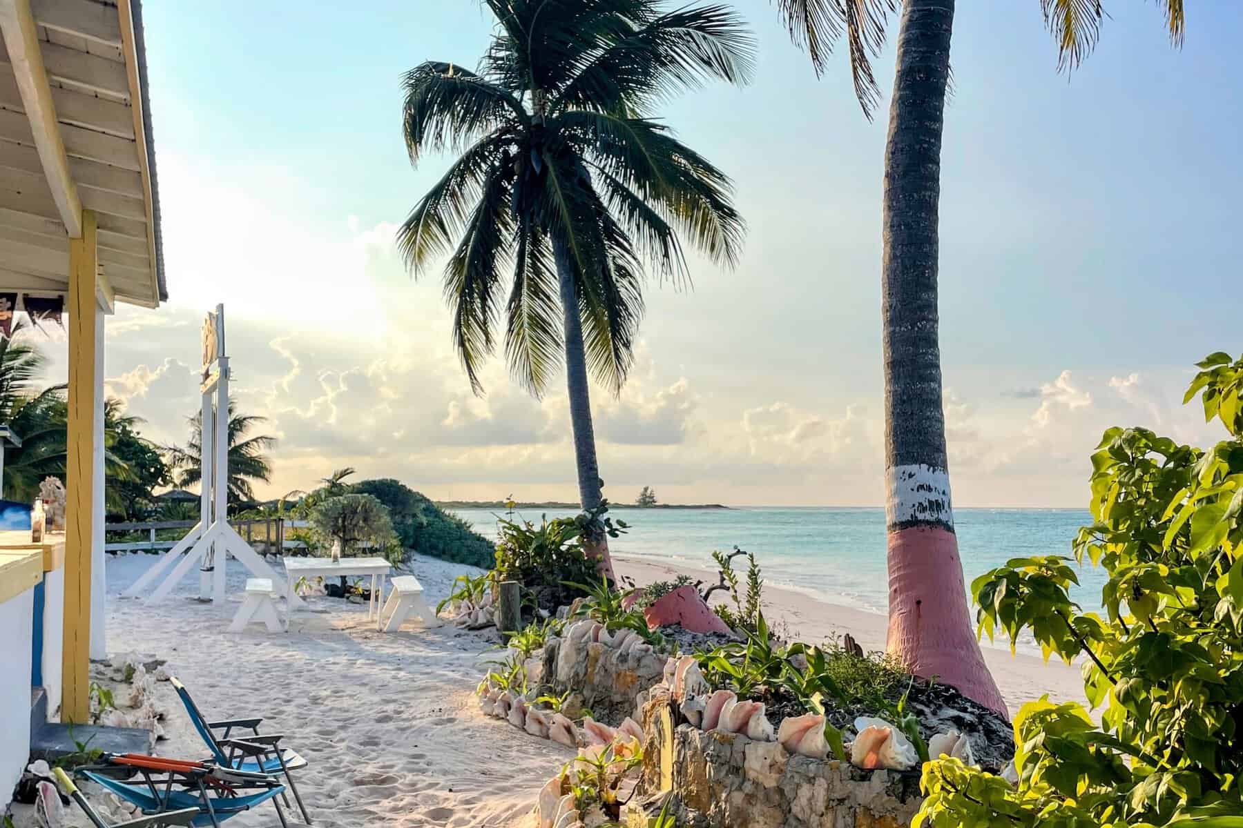 Cow Wreck Beach, Anegada, British Virgin Islands. painted palm trees, beach games, sand, teal ocean