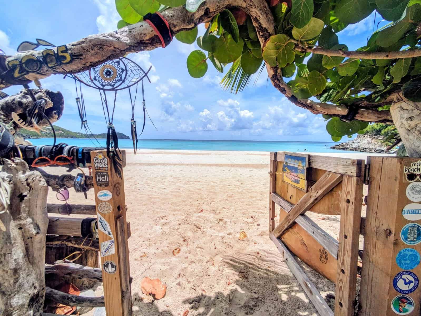 Bohemian decorations around an open fence on Josiah's Bay, Tortola, British Virgin Islands