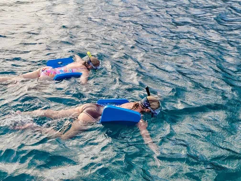 two woman snorkeling with floats