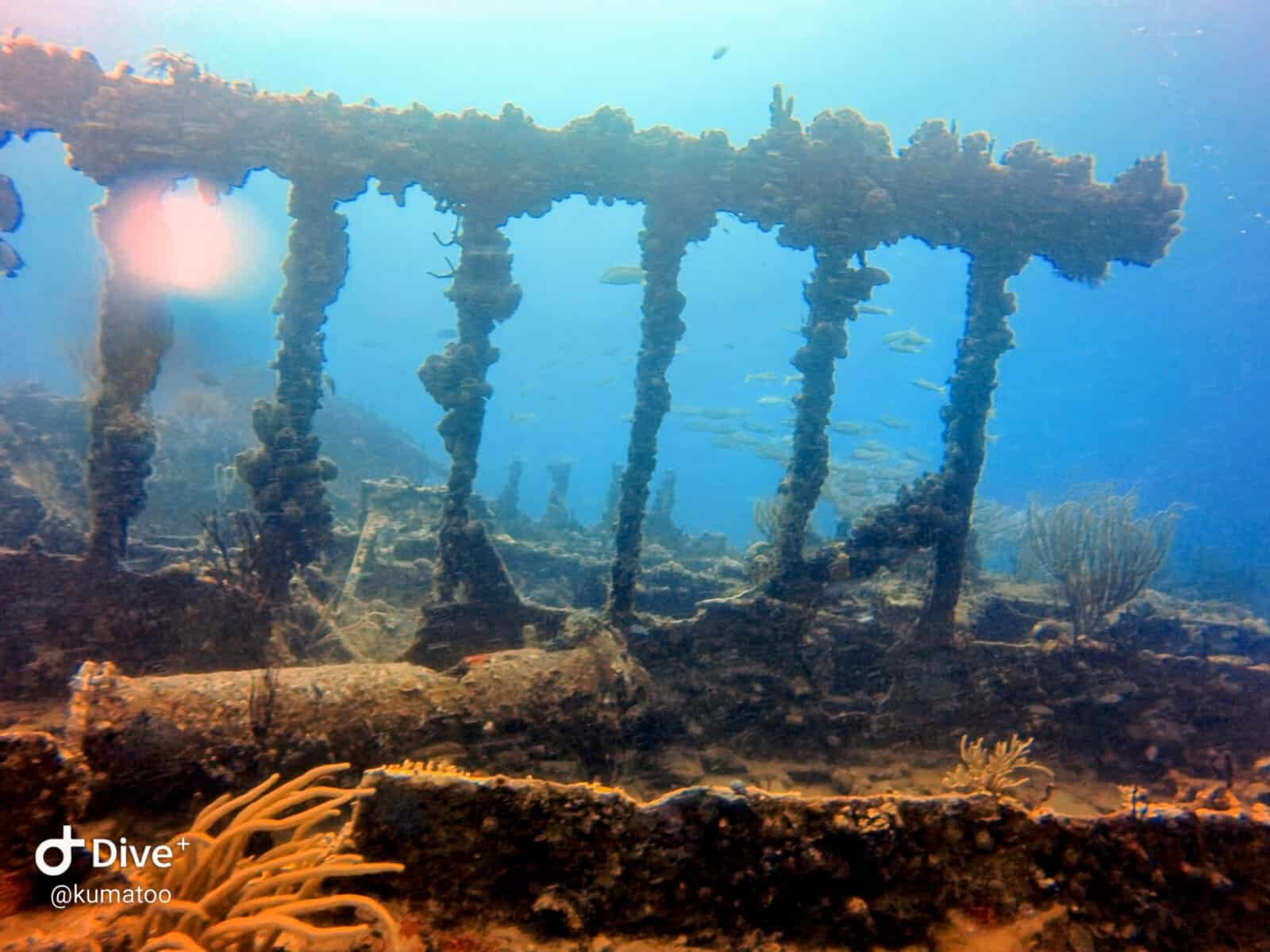 the ship Wreck of the RMS Rhone with coral around in the British Virgin Islands