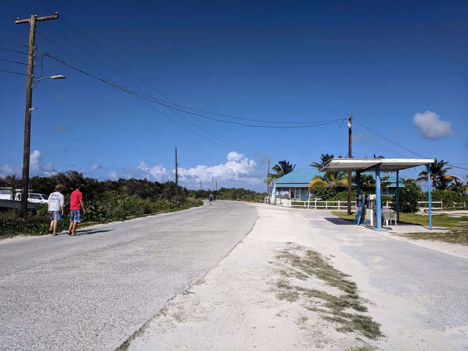 Walking along a street by the gas station in Anegada in the British Virgin Islands