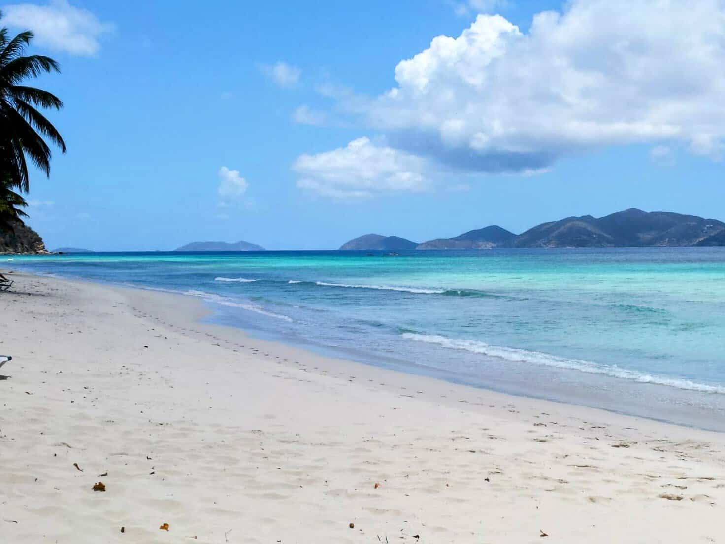 Long Bay Beach on Tortola. White sand and teal water with palm tree leaves