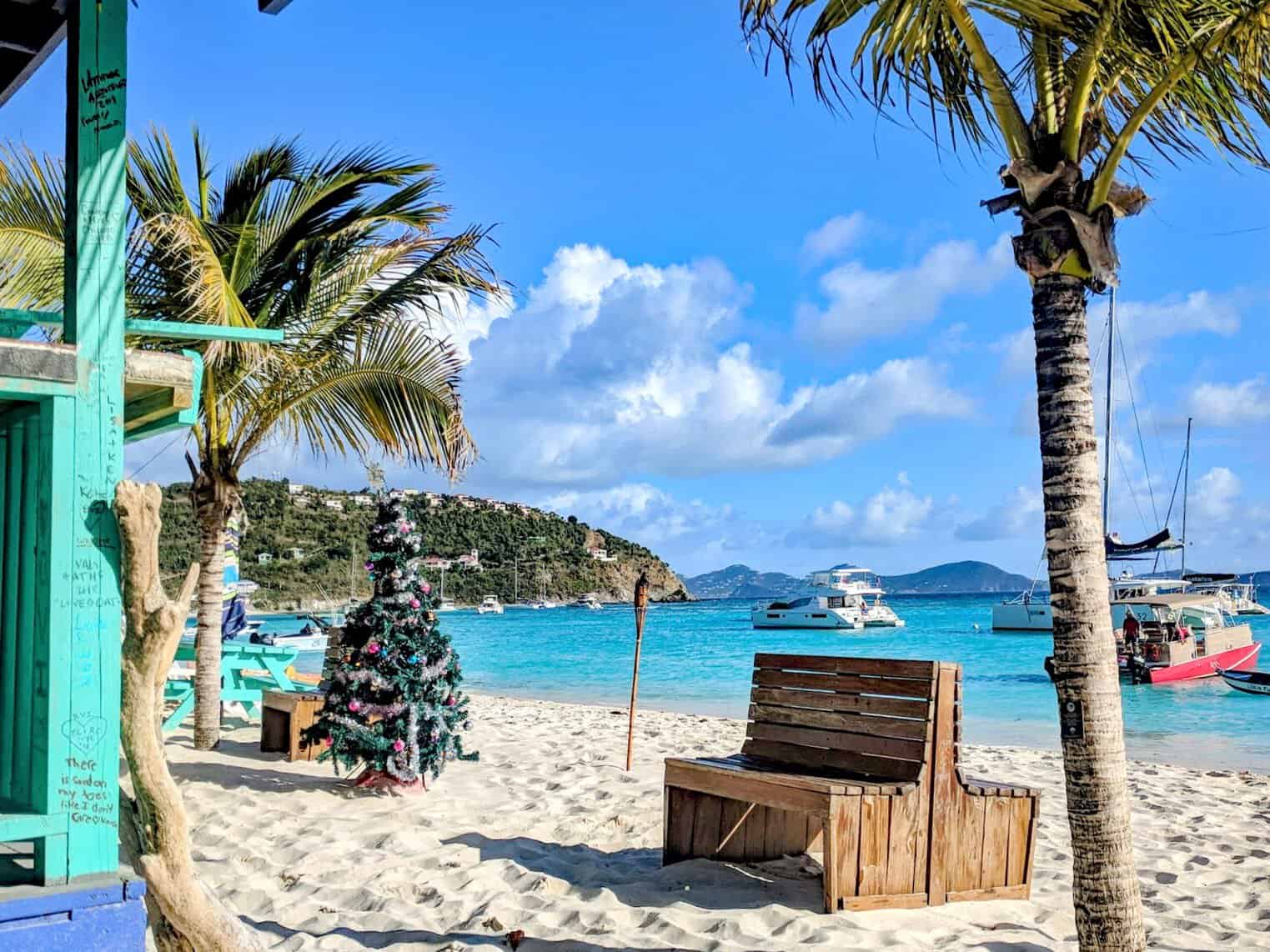 Christmas tree in the sand in White Bay, Jost Van Dyke, BVI Caribbean 