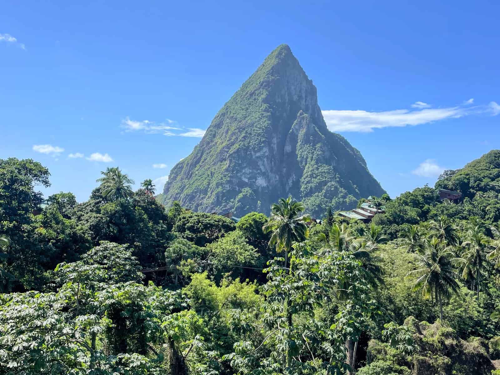 Saint Lucia piton plunging out of lush greenery around and bight blue sky in background