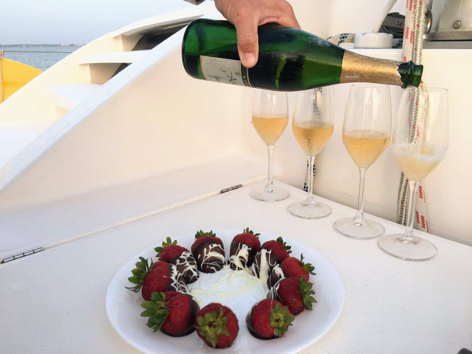 Champagne and chocolate covered strawberries to celebrate New Year's eve in the Caribbean
