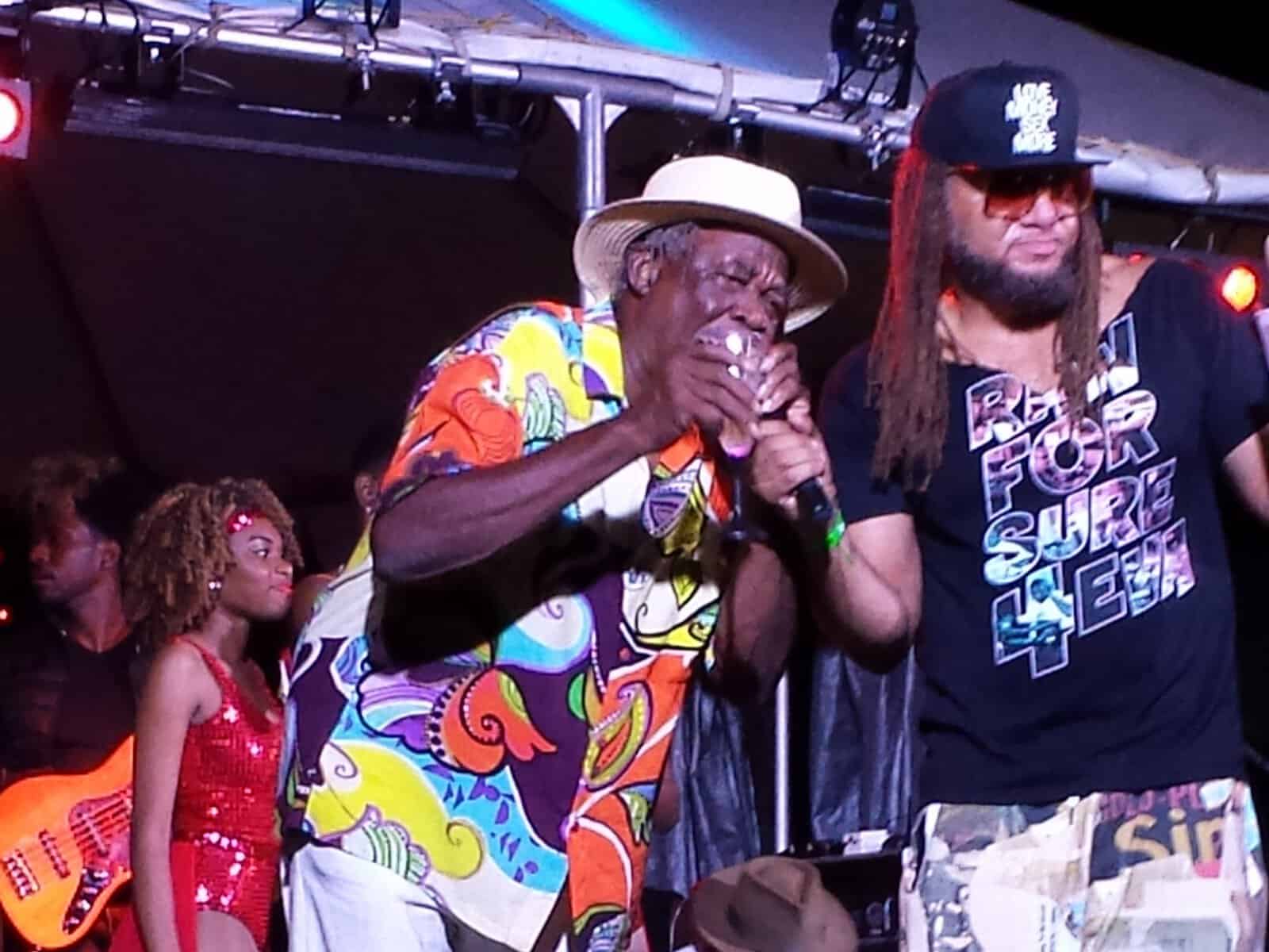 Foxy on stage in Jost Van Dyke, British Virgin Islands in the Caribbean for New Year's Eve