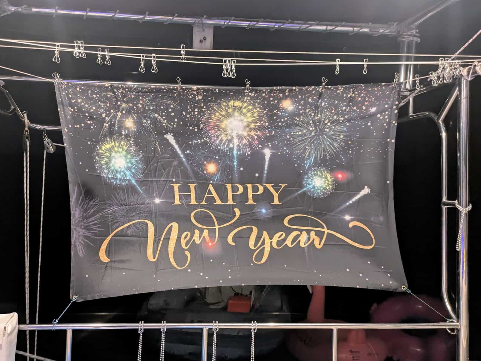Happy New Year eve sign on charter boat in the Caribbean