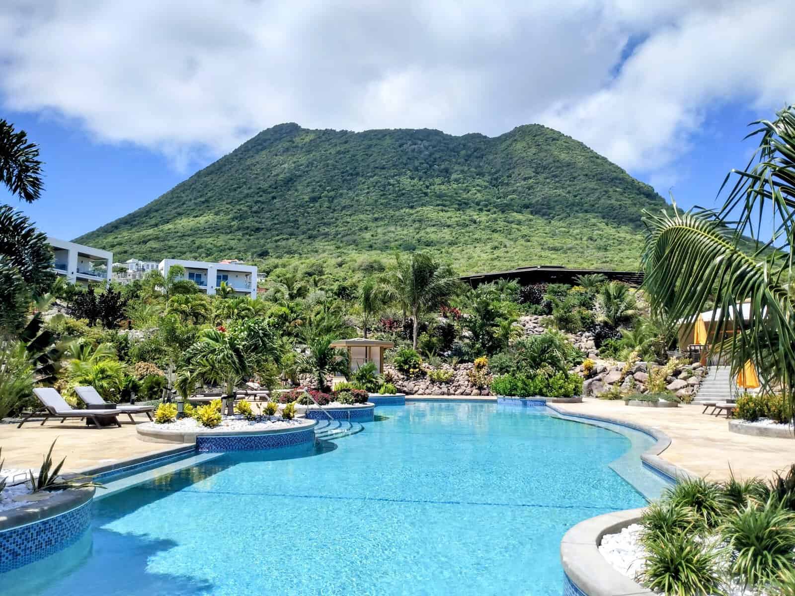 Empty Caribbean resort in hurricane season with the Quill Volcano in the background