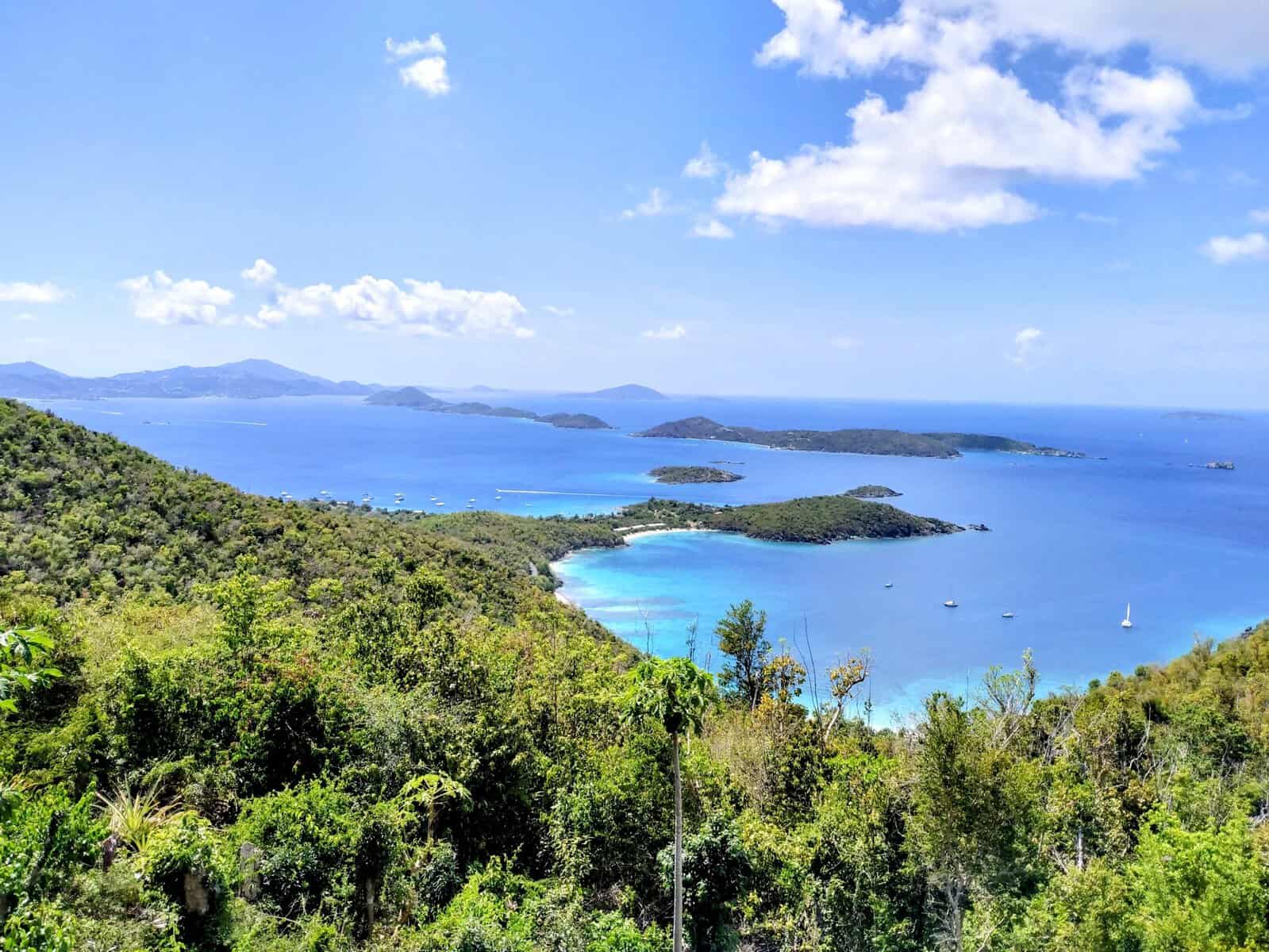 green hills and islands and many shades of blue in the Caribbean in December