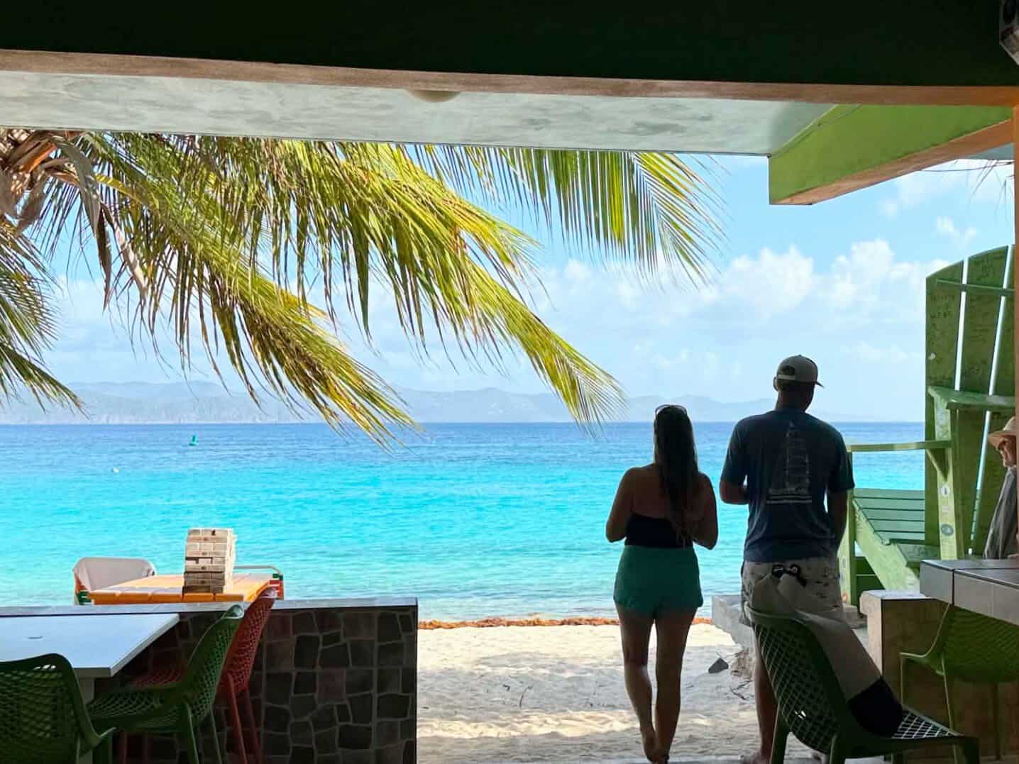 Joe and Mandy looking out of Gertrudes over an empty White Bay, Jost Van Dyke in the British Virgin Islands with teal blue water, framed by palm tree
